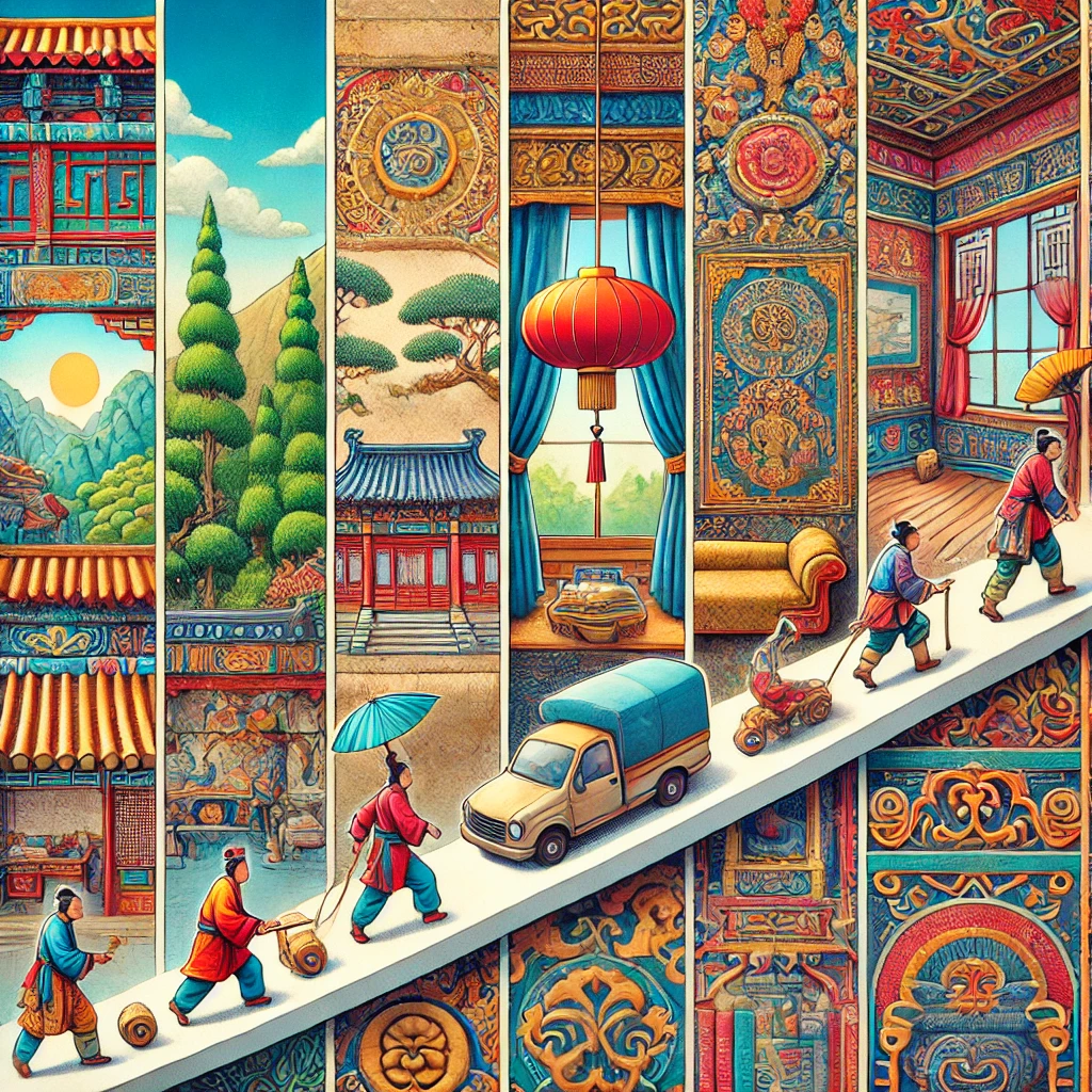 DALL·E 2024-12-11 22.06.44 - A vibrant illustration depicting the evolution of wallpaper through history. The image includes a sequence of styles_ from ancient hand-painted rice p