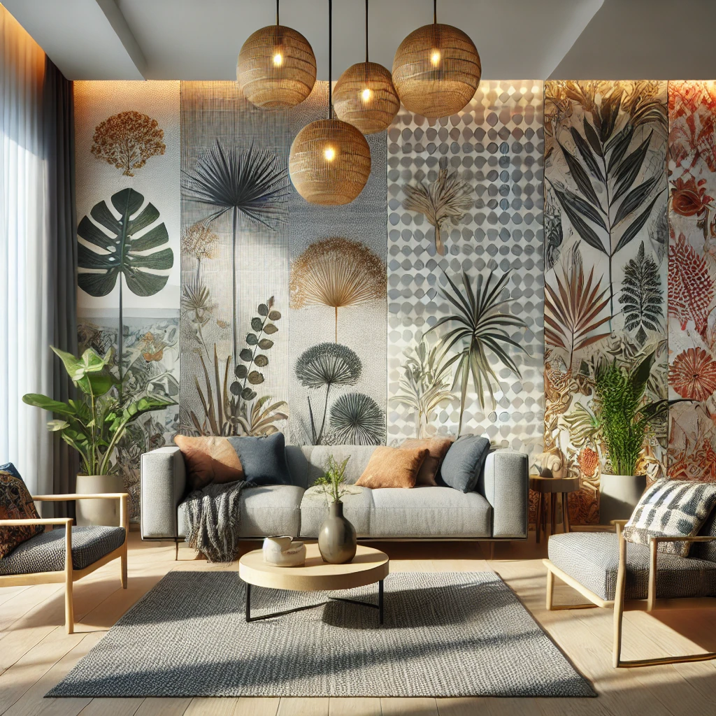 DALL·E 2024-12-13 11.49.18 - A beautifully designed living room showcasing modern wallpaper trends for 2024. The walls feature a mix of nature-inspired designs with botanical prin