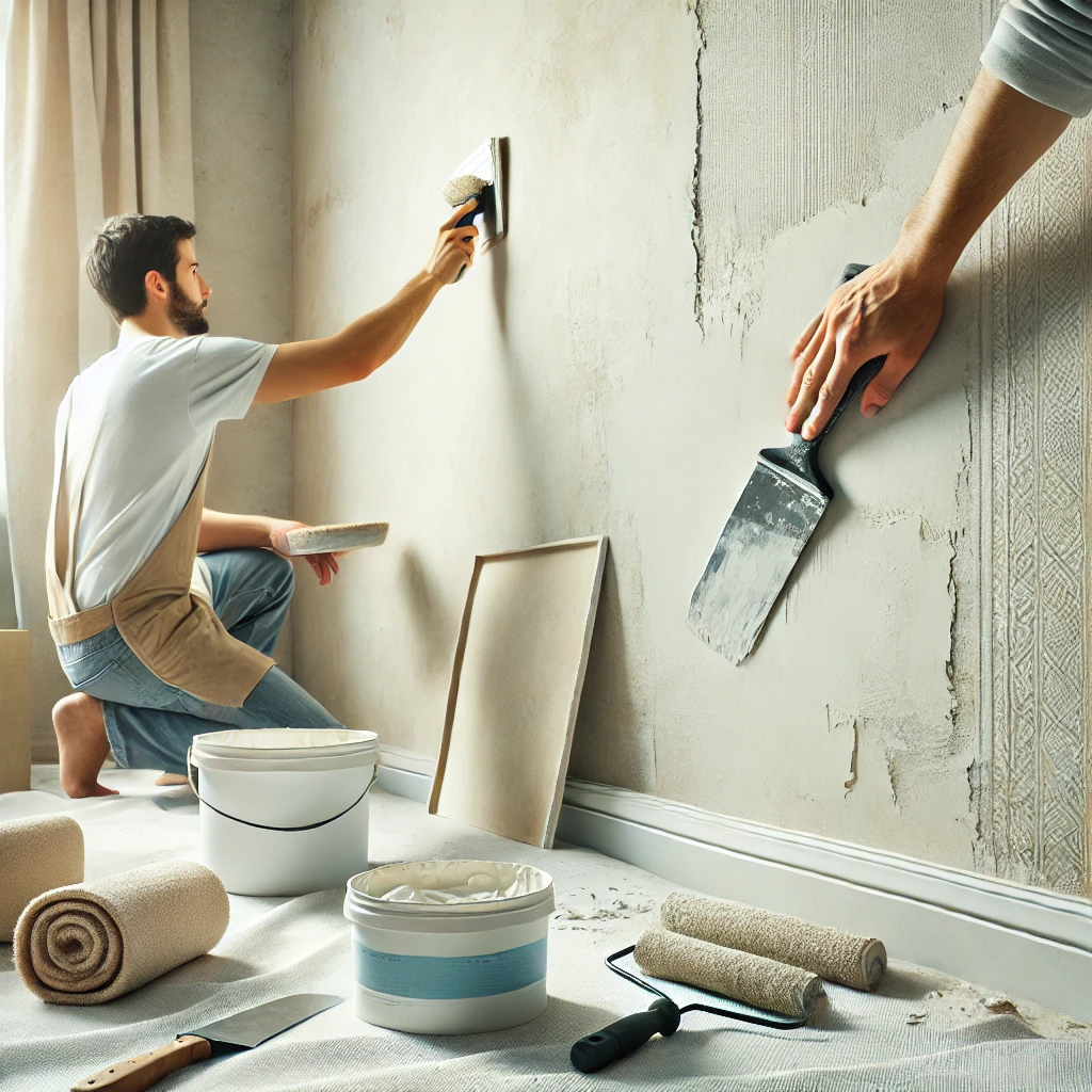 DIY of wallpaper for Preparing walls for wallpaper installation with sanding, crack filling, and cleaning tools visible