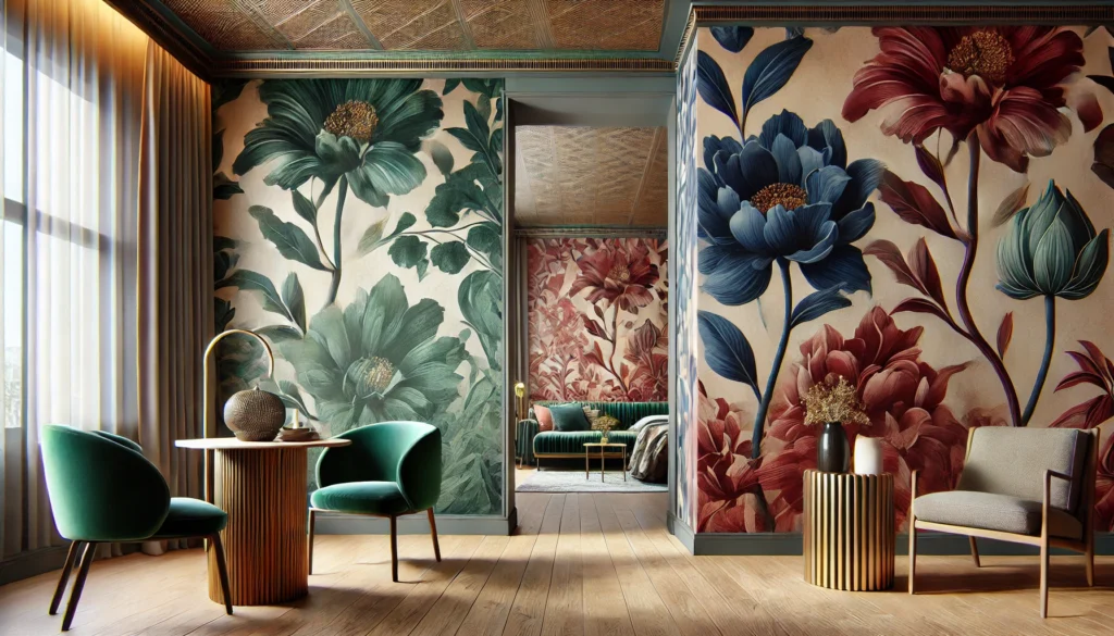 DALL·E 2024-12-19 22.38.51 - A visually stunning room showcasing bold and trendy wallpaper designs for 2024. The wallpaper features a rich, oversized floral pattern in jewel tones Top Wallpaper Trends of 2024 is Bold and Trendy Wallpaper Designs