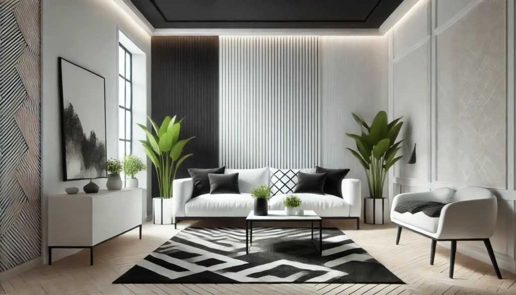 image of minimalist monochrome living room with a sleek black-and-white palette.